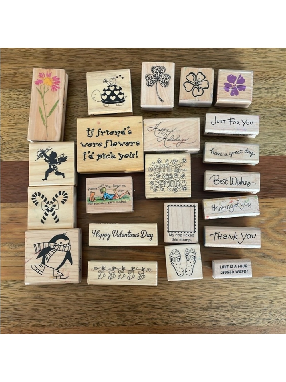 Wooden Rubber Stamp Set - Floral & Sentiment Designs